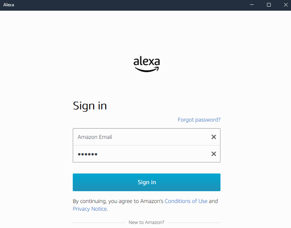 Enter amazon details into the alexa windows 10 app