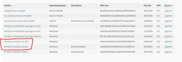 choosing the 64bit or 32bit python windows installer