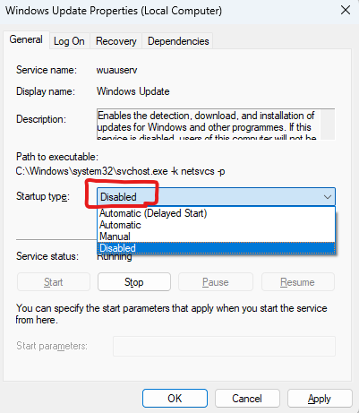 disable windows update int he services msc