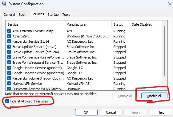 hide all microsfot services and disable all