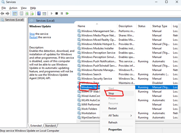 stopping windows update service in services manager